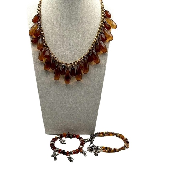 Faux Amber Teardrop Statement Necklace & Charm Bracelet Set - Picture 1 of 9
